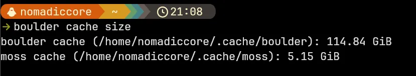 Screenshot showing boulder cache size command with output