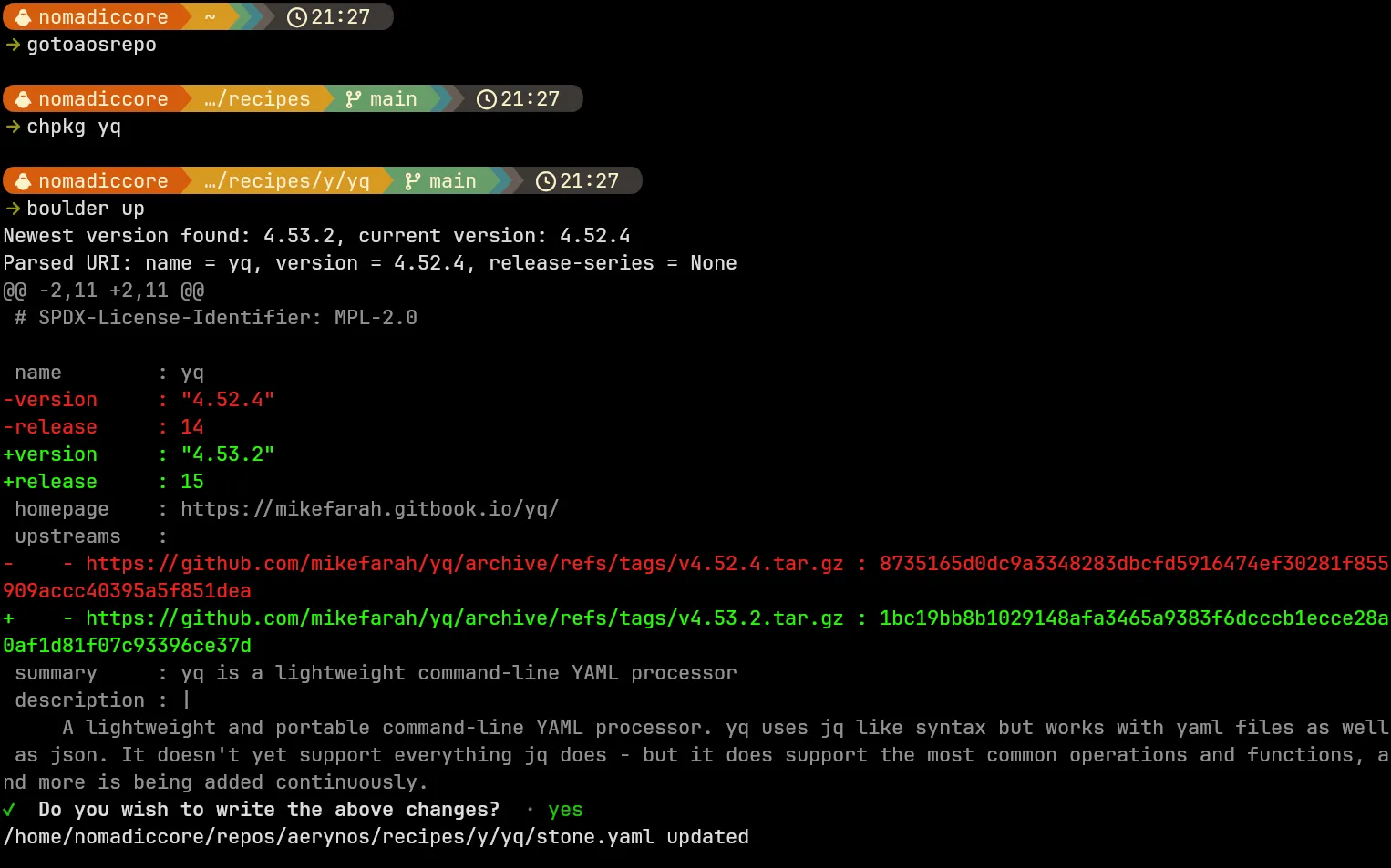 Screenshot of a terminal session after running boulder recipe update on the yq package recipe, resulting in the automatic update of the corresponding stone.yaml recipe file