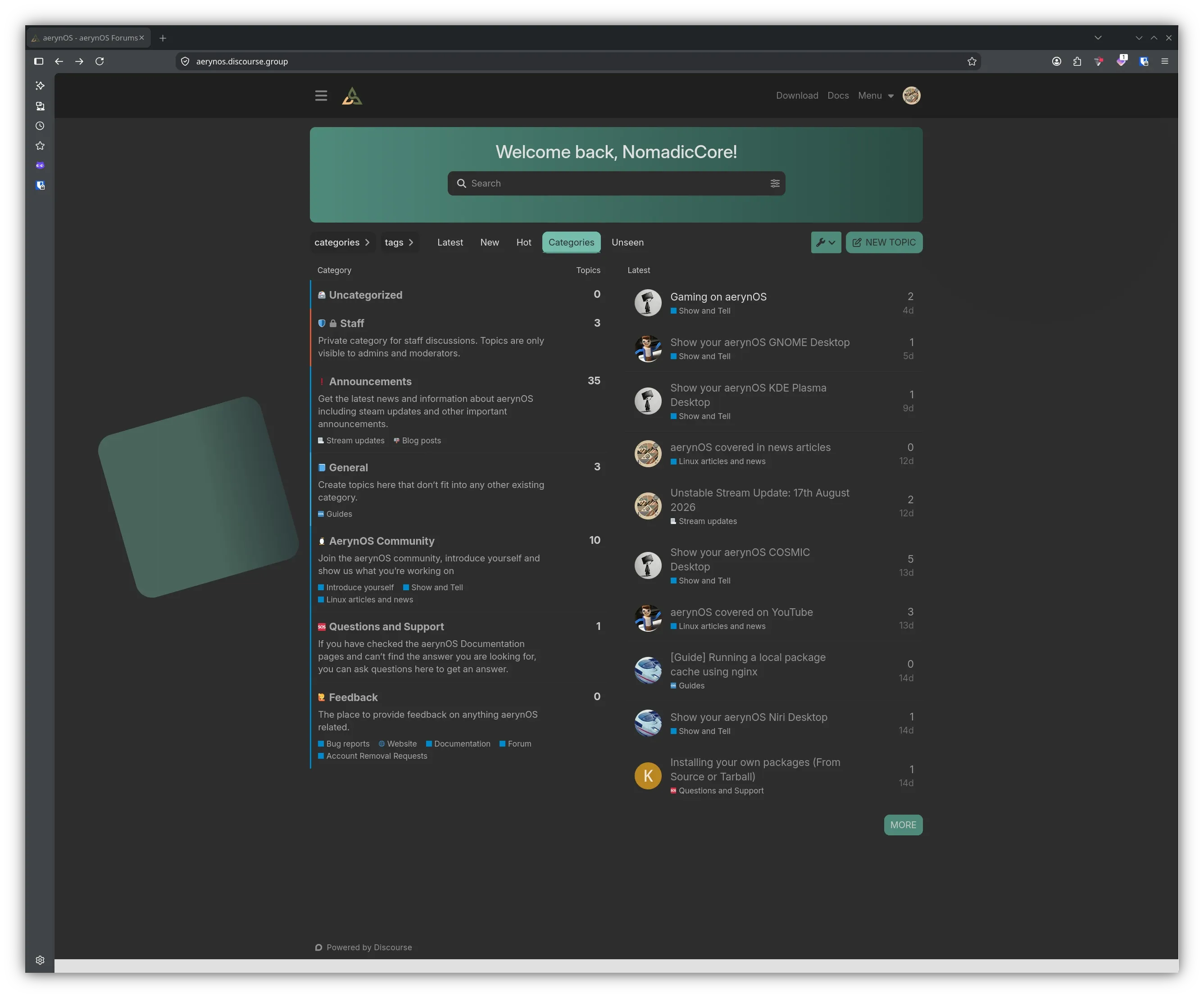 A screenshot of the aerynOS Discourse site