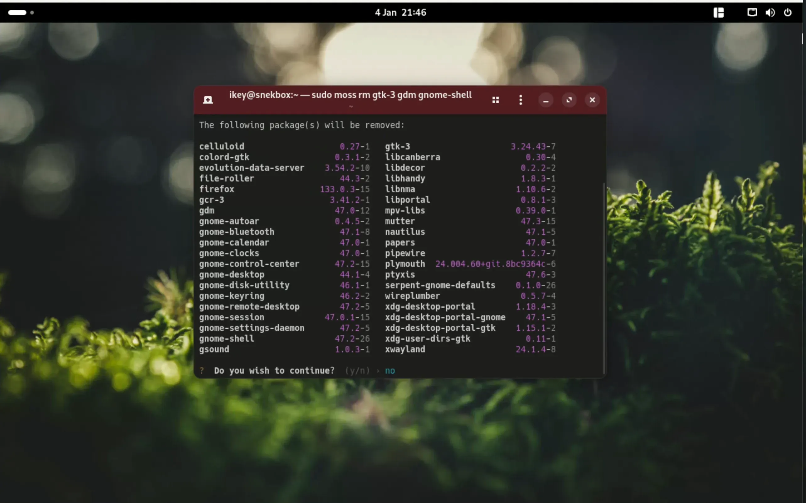 AerynOS terminal removing packages that would brick most other distros