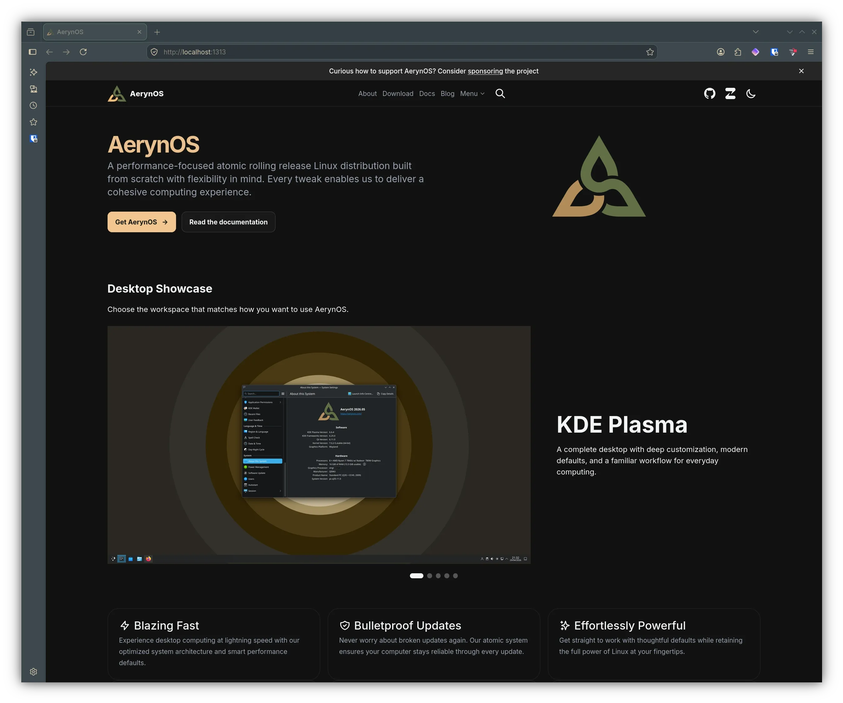 A screenshot of the homepage of the new in progress AerynOS website