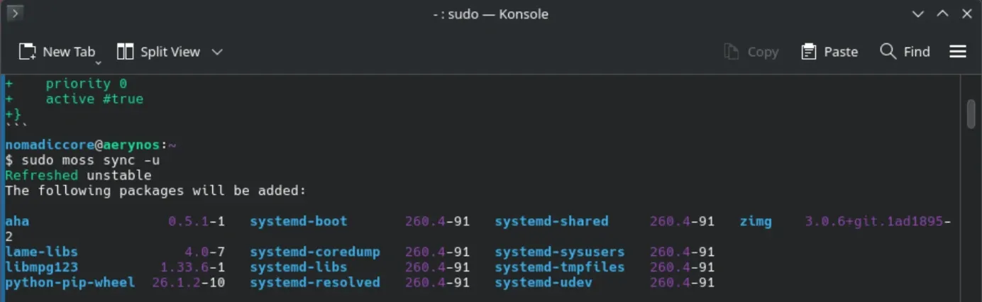 A moss sync command in terminal showing the changes to systemd